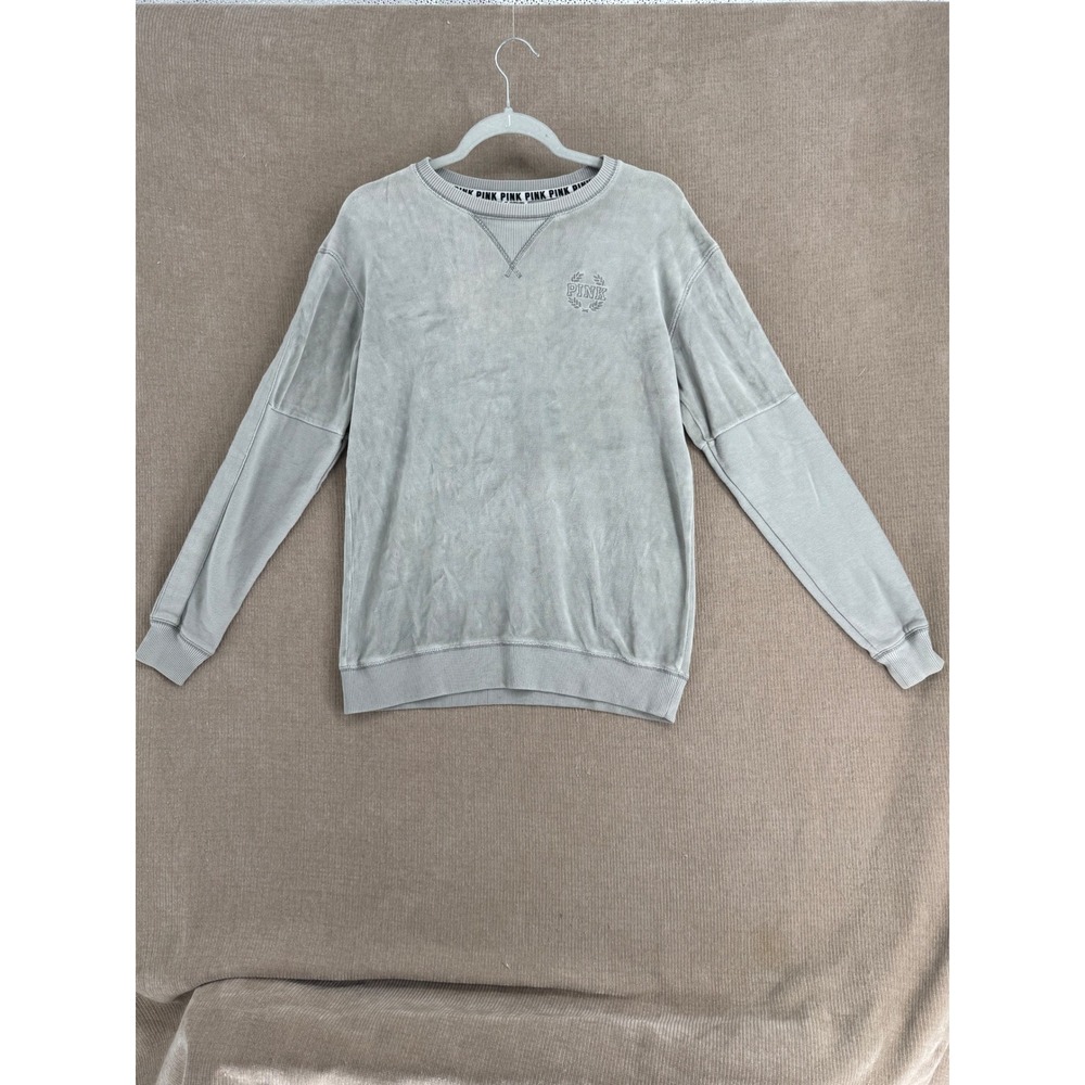 Victoria's Secret PINK Sweatshirt Gray Velour Crewneck Pullover Logo XS